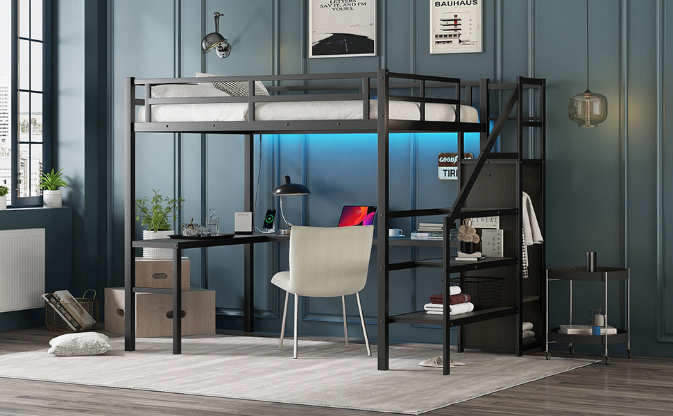 Full sized loft bed with L-shaped desk and USB, metal loft bed with wardrobe and adjustable shelf, black color