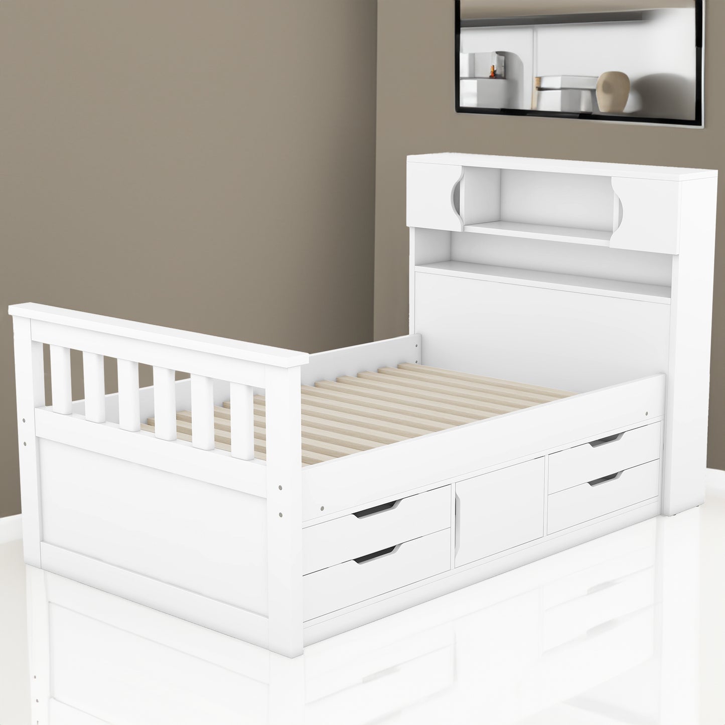 Twin Size Captain Platform Bed Frame with Storage Bookcases and Shelves,Four Drawers,White