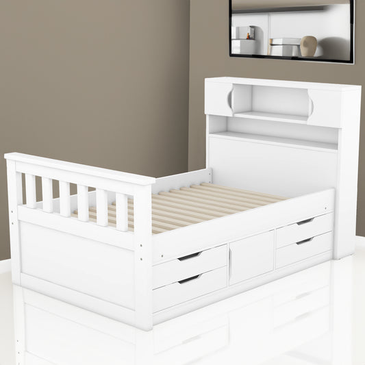 Twin Size Captain Platform Bed Frame with Storage Bookcases and Shelves,Four Drawers,White