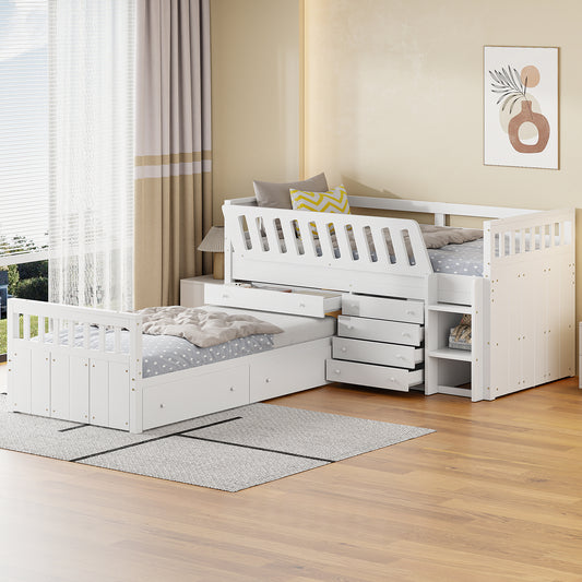 L-shaped Space-Saving Twin Loft and Twin Platform Bed with 7 Drawers and Full Guardrails(WHITE)