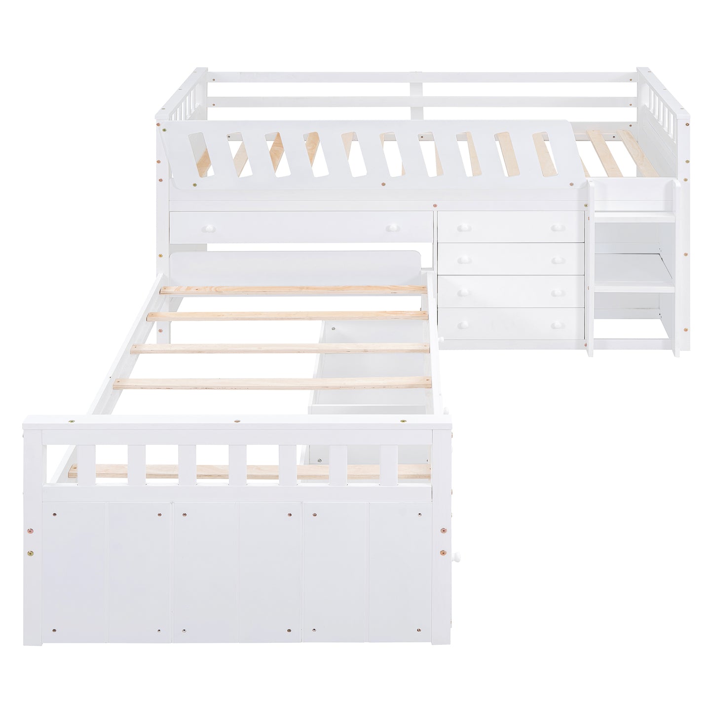 L-shaped Space-Saving Twin Loft and Twin Platform Bed with 7 Drawers and Full Guardrails(WHITE)