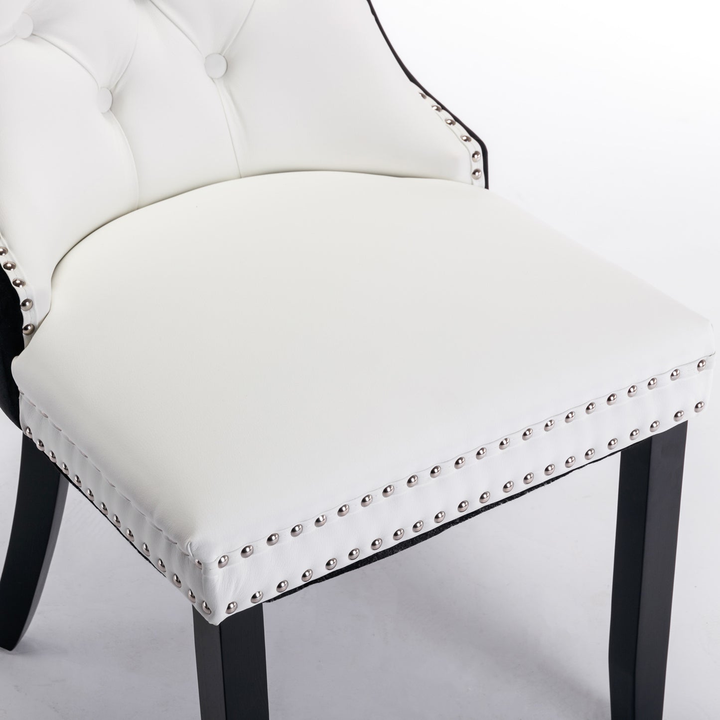 Tufted solid wood PU and velvet cushioned dining chairs with wooden leg nail head decoration 2-piece set in white and black