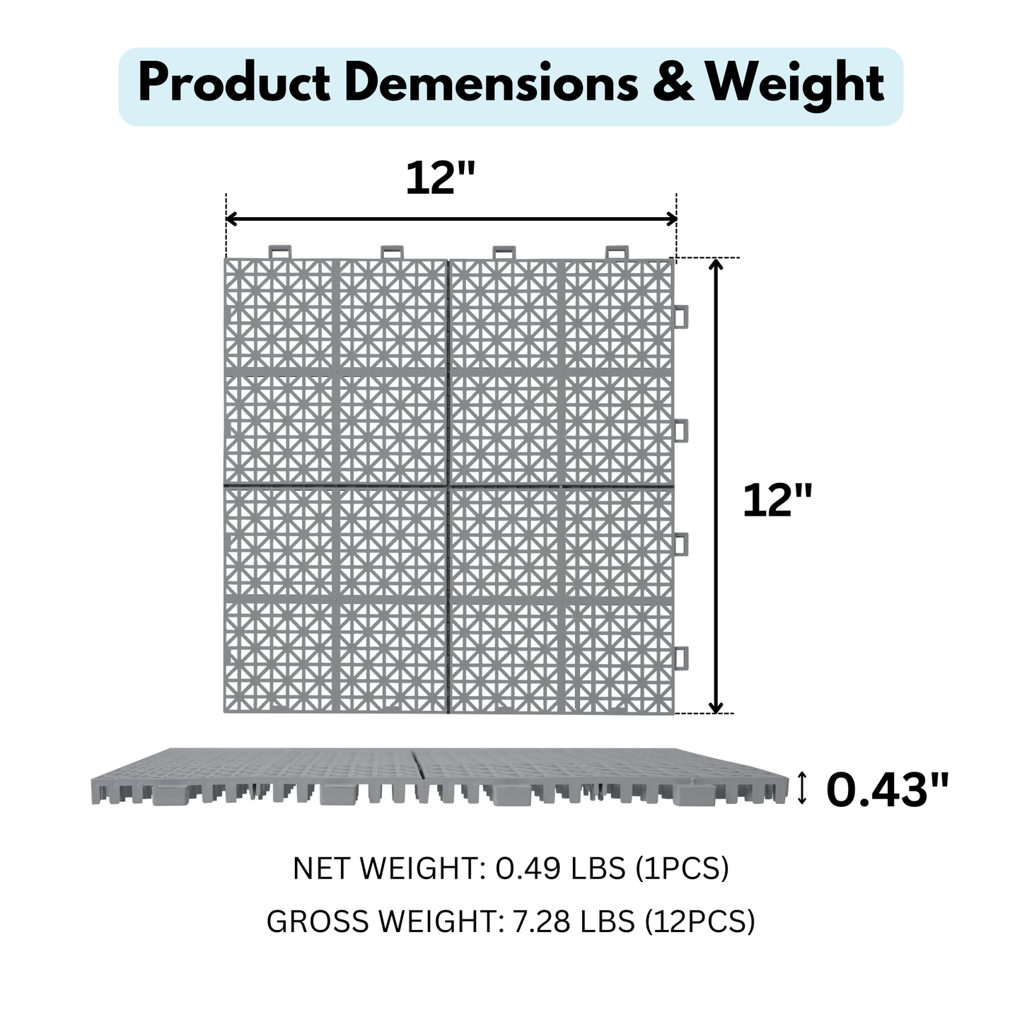 12 x 12 inch gray interlocking deck tiles, plastic waterproof, weighing up to 6613 pounds, with a rose pattern pack of 12