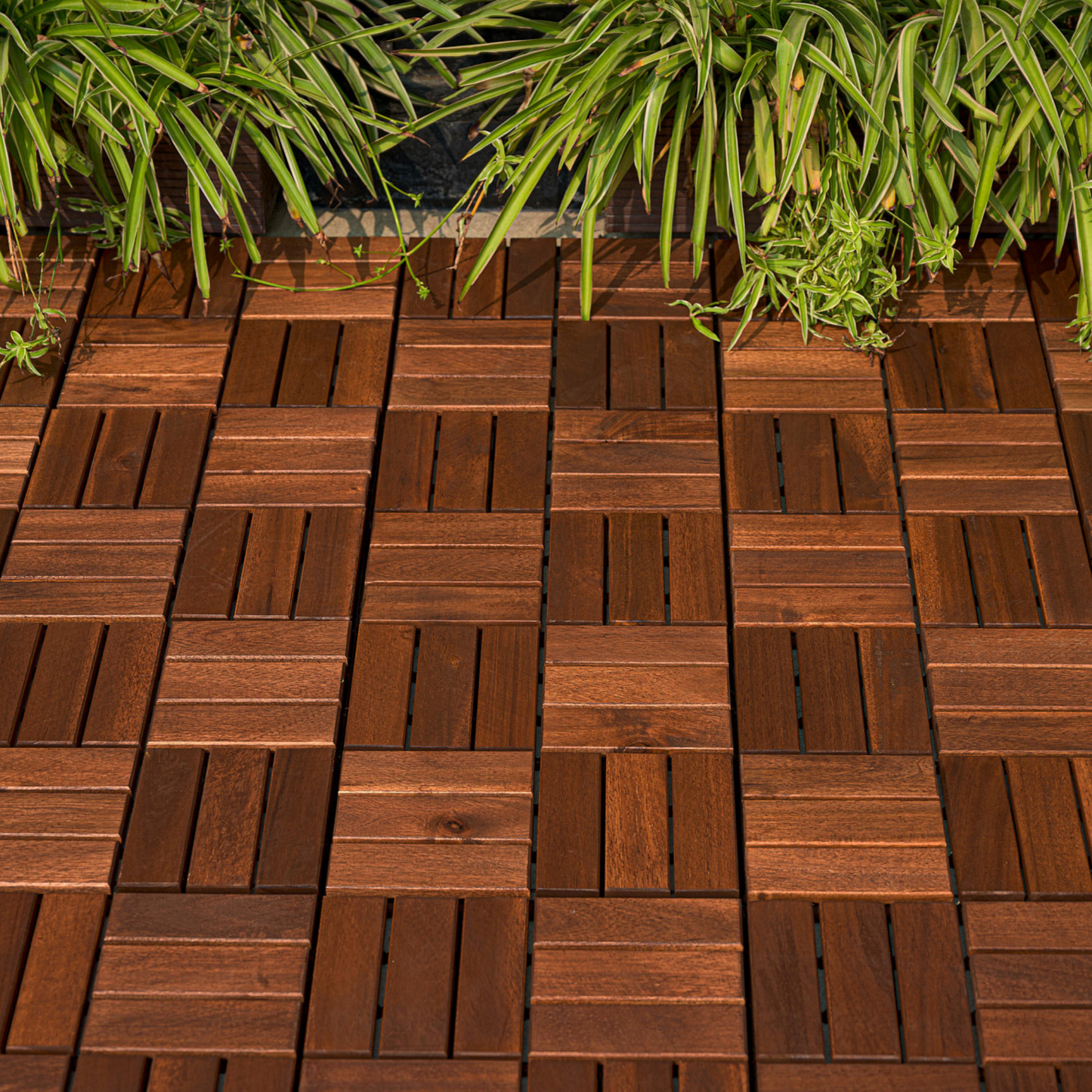 Acacia interlocking deck tile grid pattern, 10 pieces of 12 inch x 12 inch square brown Acacia hardwood outdoor flooring