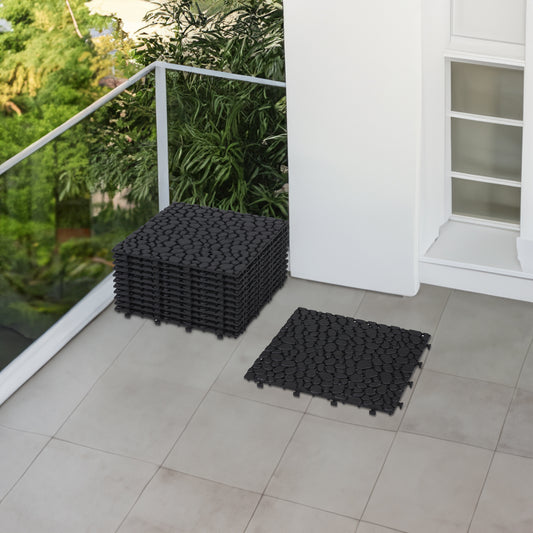 12 x 12 inch black interlocking deck tiles, plastic waterproofing, pebble pattern, pack of 12