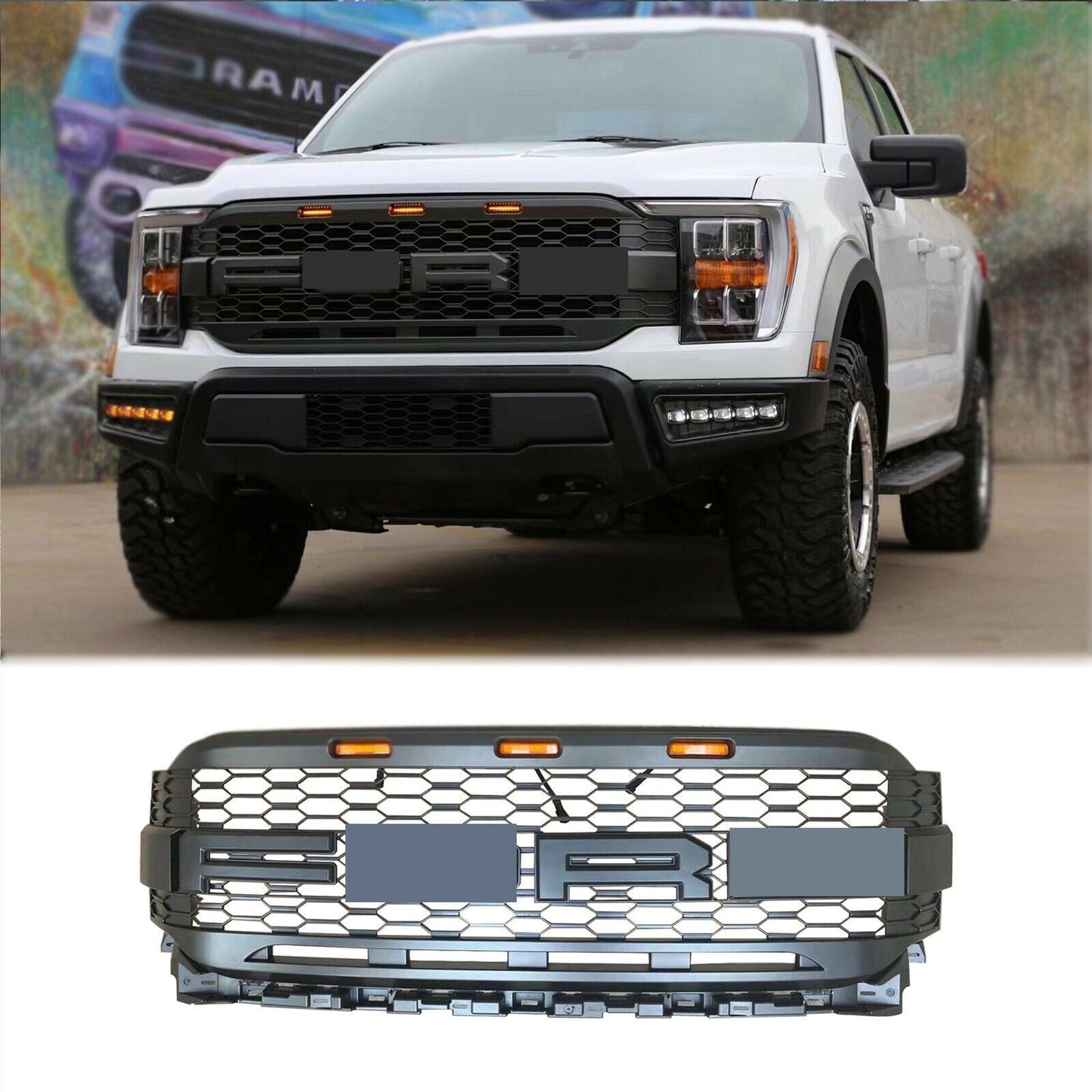 Grill For 2021 2022 2023 Ford f150 Raptor Grill Replacement W/LED Lights & Letters Matte Black - NOVADI