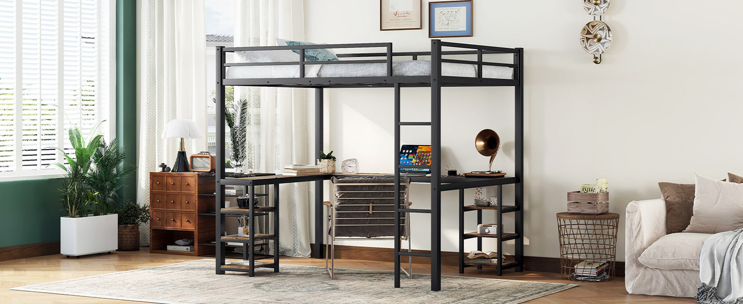 Full metal loft bed with desk and shelf, loft bed with ladder and guardrail, bedroom loft bed frame, black