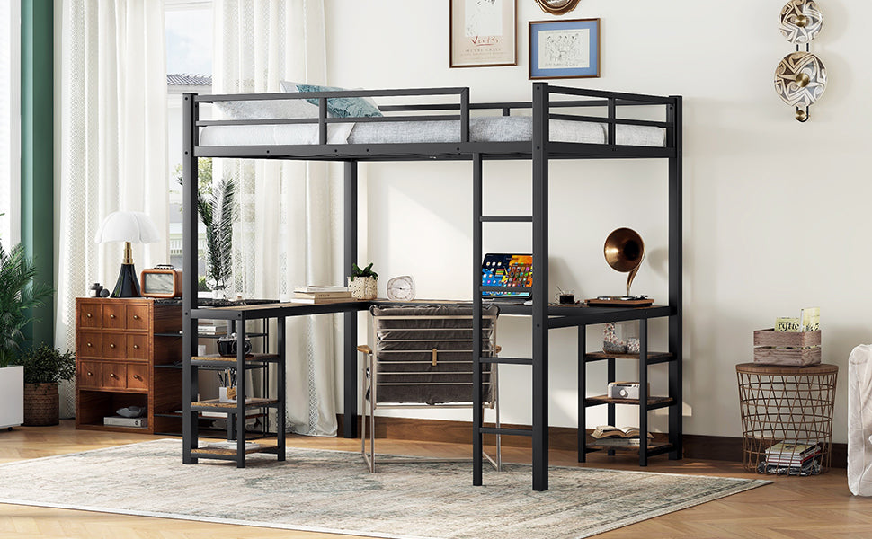 Full metal loft bed with desk and shelf, loft bed with ladder and guardrail, bedroom loft bed frame, black