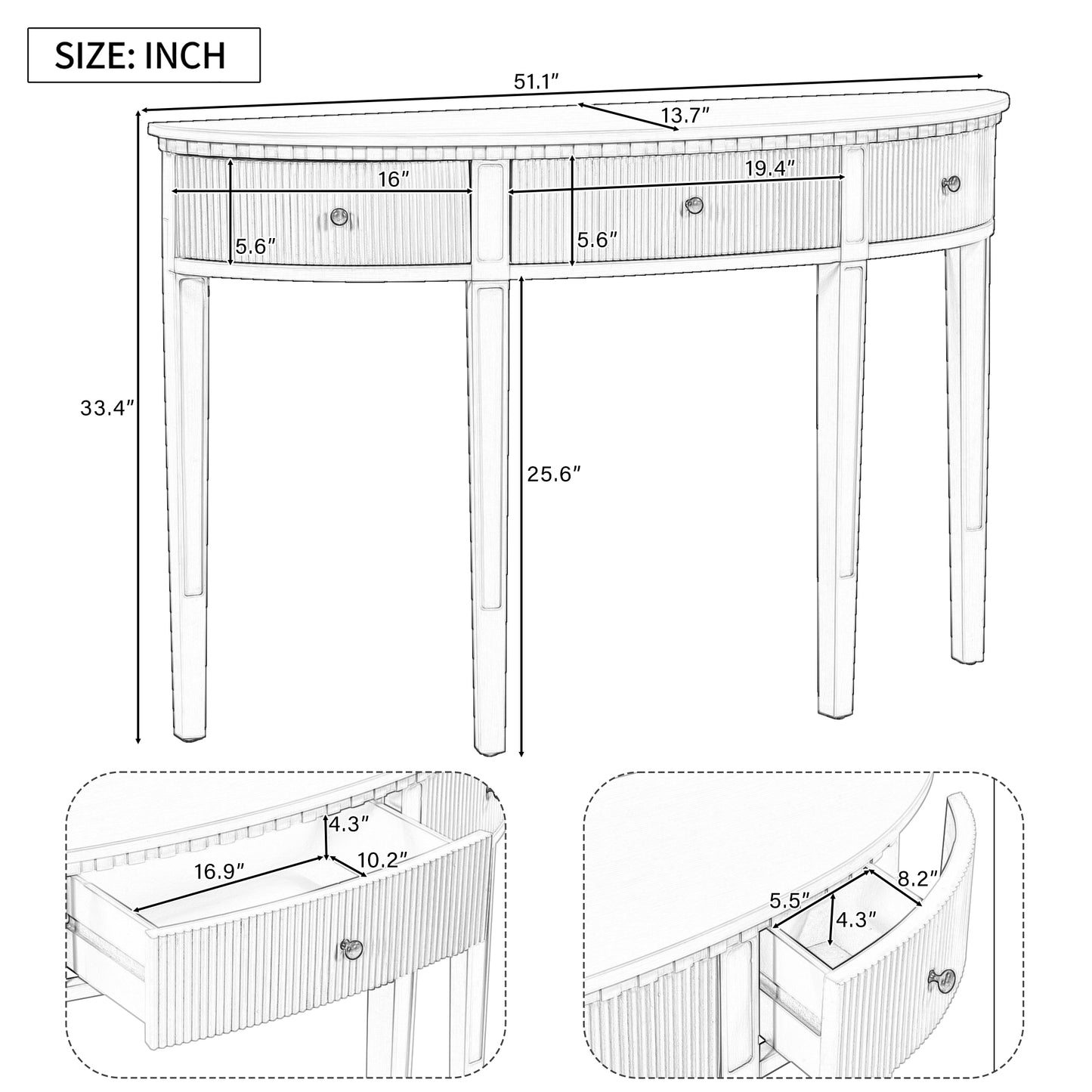 U-Style Distinctive Features of Pine Veneer Console Table with Vertical Stripe Drawer Fronts and Four Legs