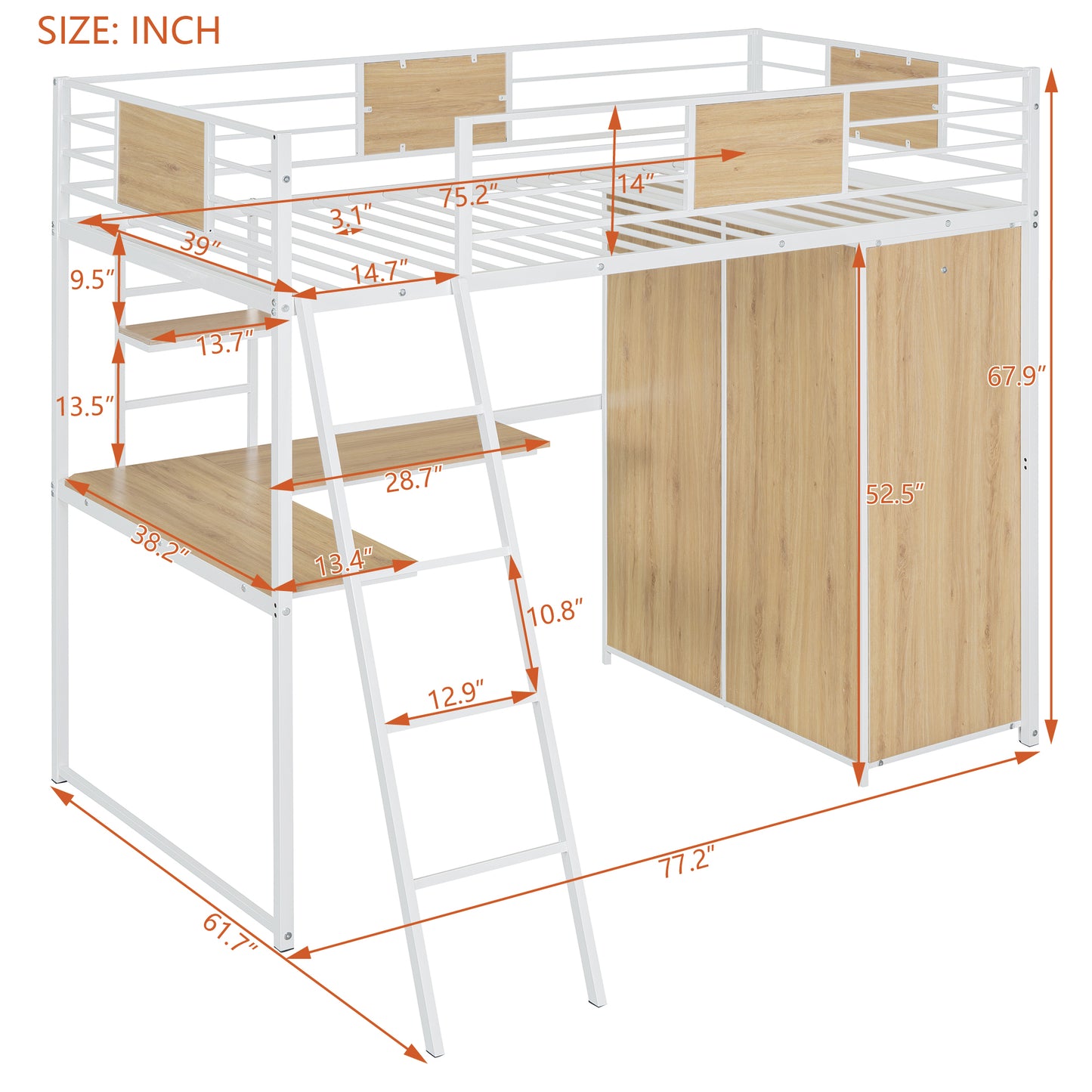 Twin Size Loft bed with L-shape Desk and Wardrobe, White