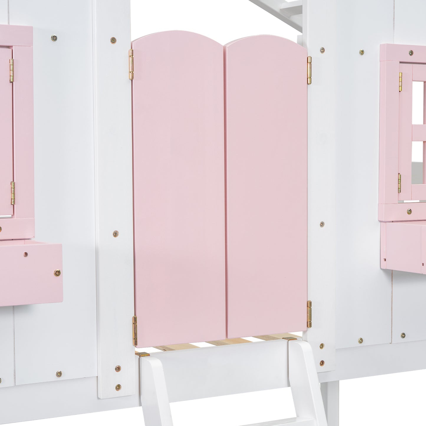 Twin over Twin House Bunk Bed with Roof , Window, Window Box, Door , with Safety Guardrails and Ladder, Pink/White