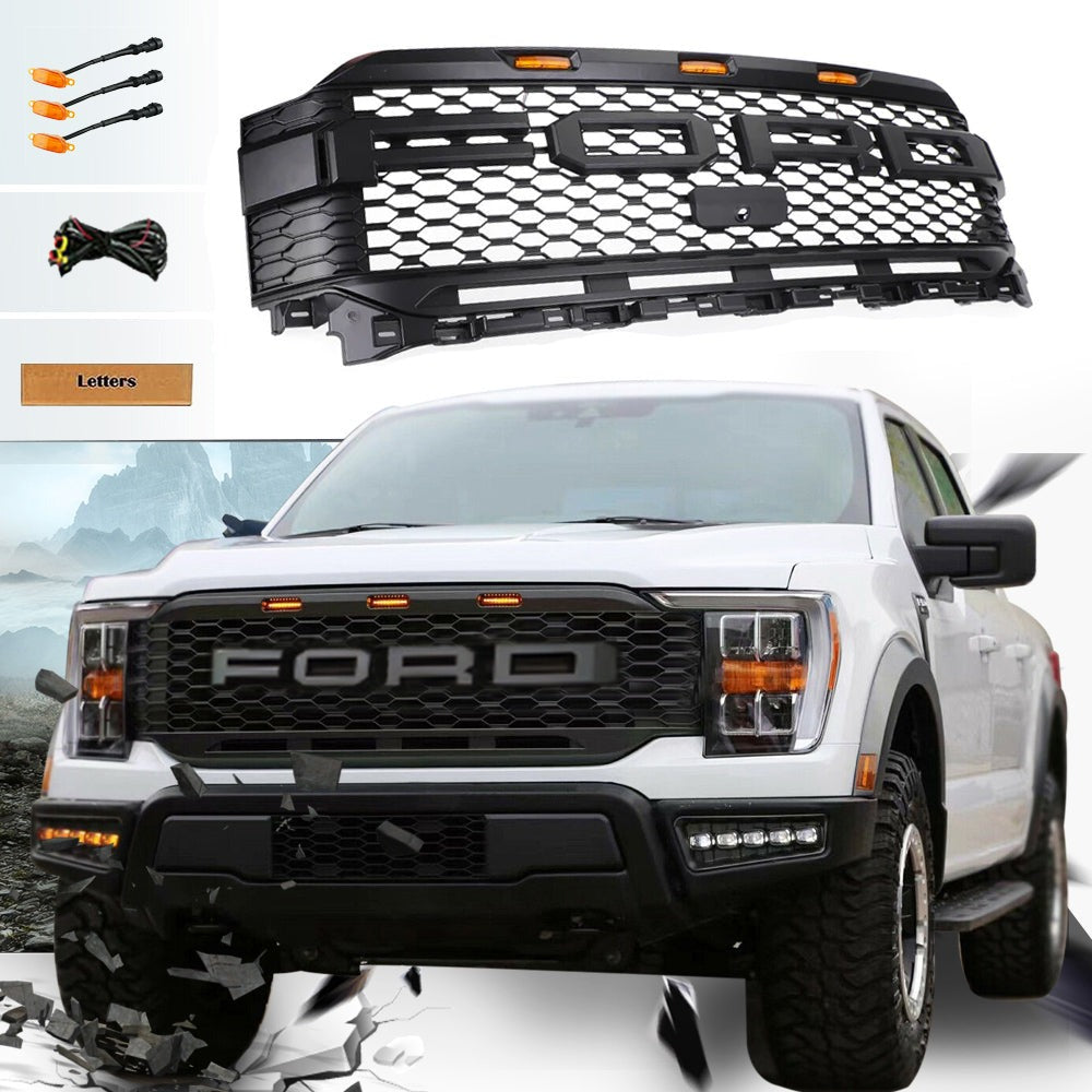 Grill For 2021 2022 2023 Ford f150 Raptor Grill Replacement W/LED Lights & Letters Matte Black - NOVADI