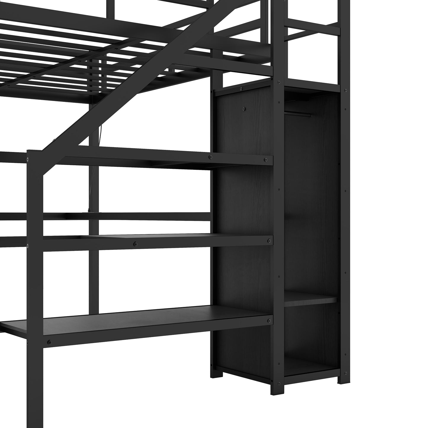 Full sized loft bed with L-shaped desk and USB, metal loft bed with wardrobe and adjustable shelf, black color