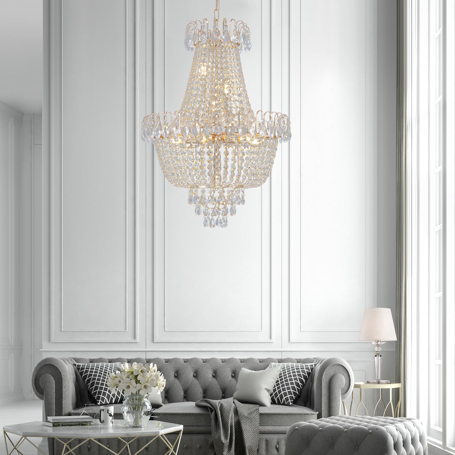 Golden crystal pendant light, large modern luxury ceiling lighting (without light bulbs)