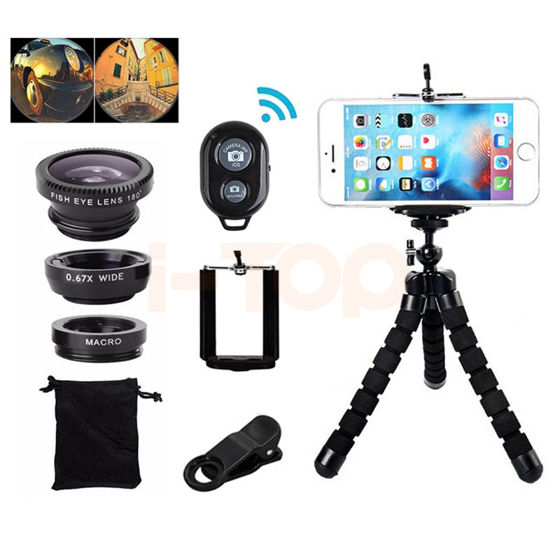 7in1 Phone Camera Lens Kit Fisheye Wide Angle Macro Lentes For iPhone 6 6s 7 8 Plus 5 5s Smartphone Tripod Bluetooth Shutter - NOVADI