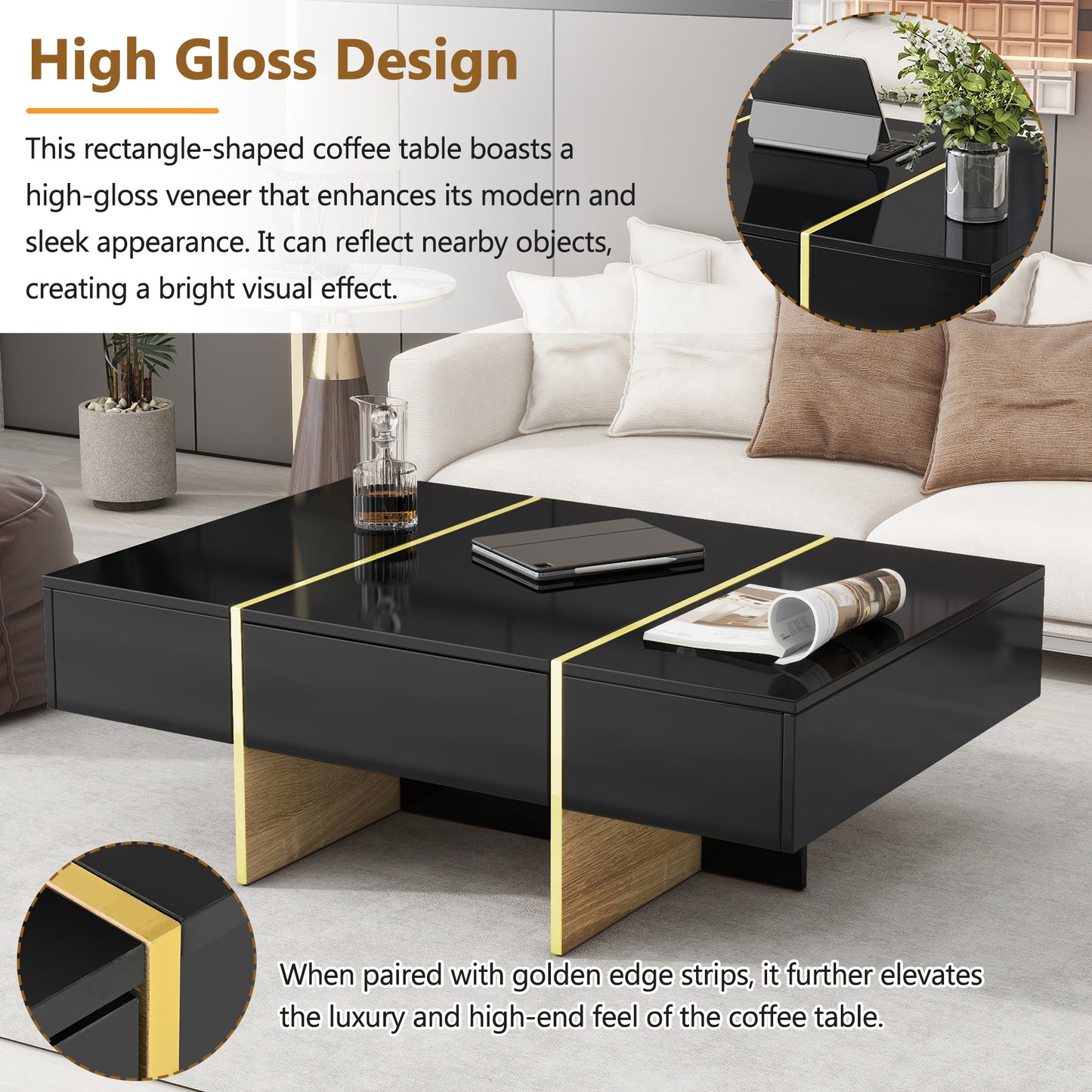 ON-TRANS 47.2 inch x 31.4 inch multifunctional rectangular sofa table with 2 drawers and gold wood grain leg center table, black