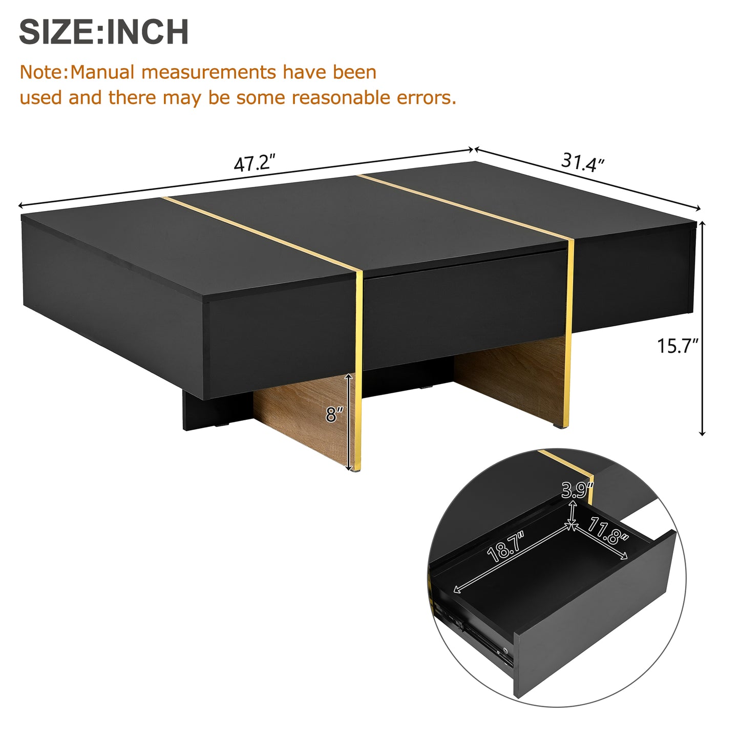 ON-TRANS 47.2 inch x 31.4 inch multifunctional rectangular sofa table with 2 drawers and gold wood grain leg center table, black