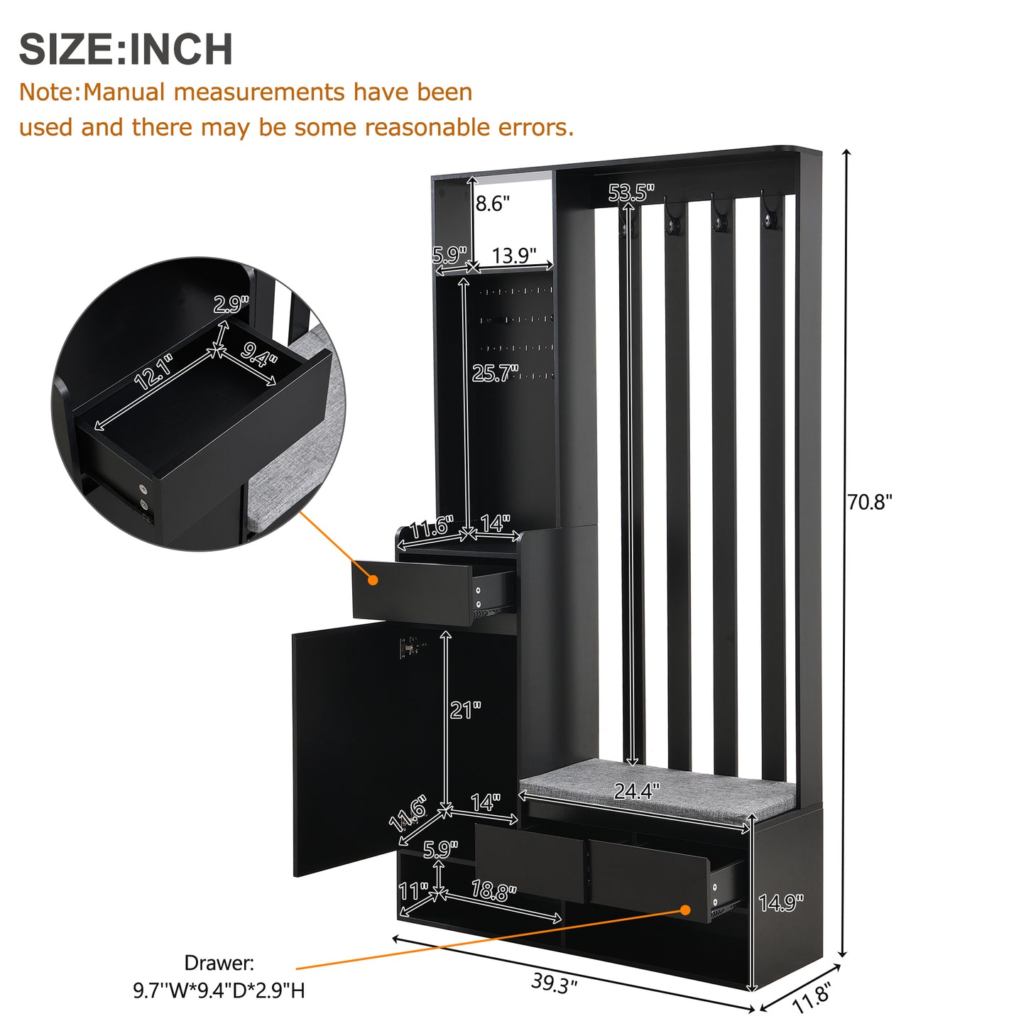 39.3'W70.8'H multifunctional corridor shoe cabinet with soft padded nail board and black hanger with entrance hook