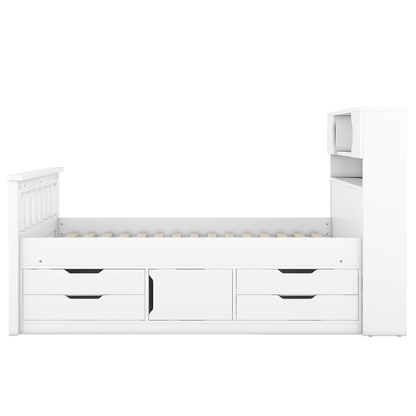 Twin Size Captain Platform Bed Frame with Storage Bookcases and Shelves,Four Drawers,White