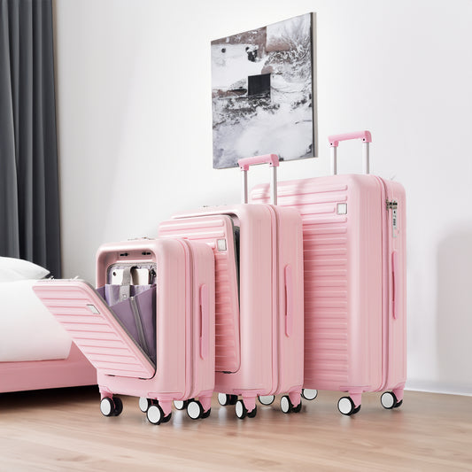 Luggage Set of 3, 20, 24, 28 inch luggage set with USB port, cup holder, ABS hard shell with rotating wheels, pink