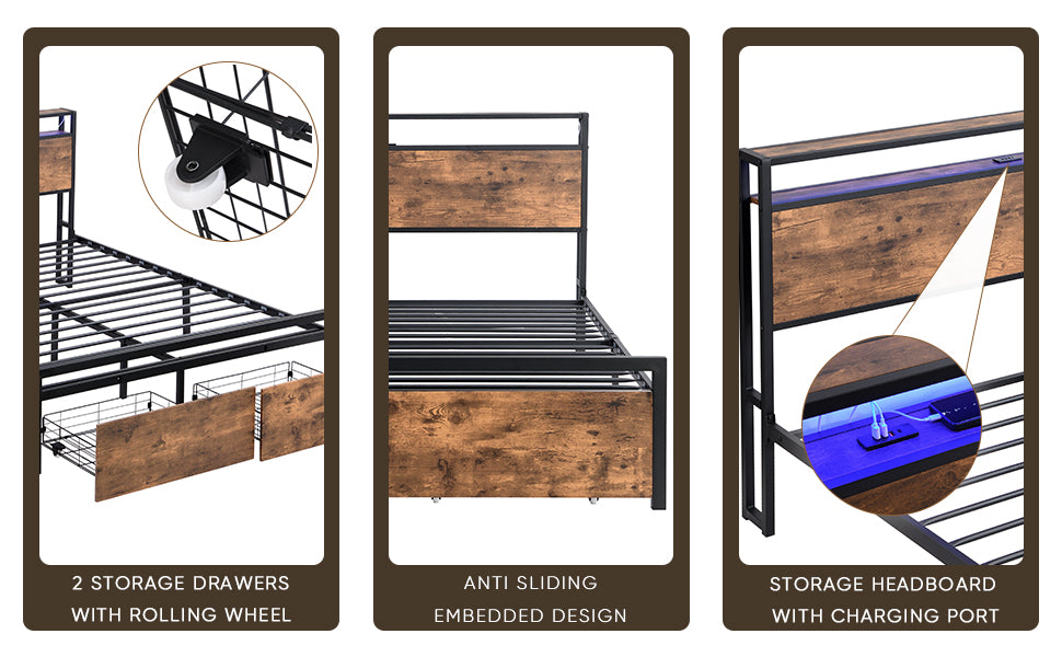 Large bed frame with storage headboard and 2 drawers, LED light bed, charging station, metal platform bed