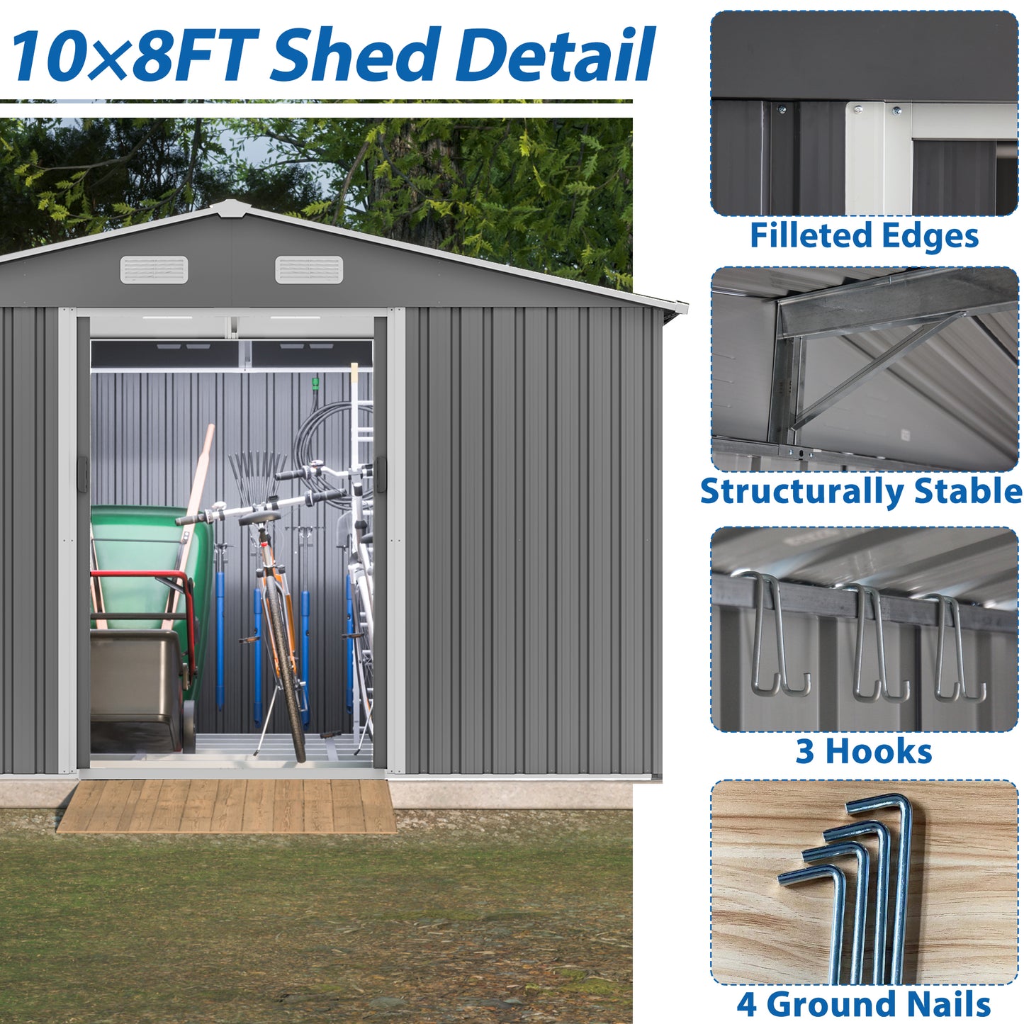 10X8 FT outdoor tool storage shed with metal foundation and lockable door, all-weather metal shed, gray