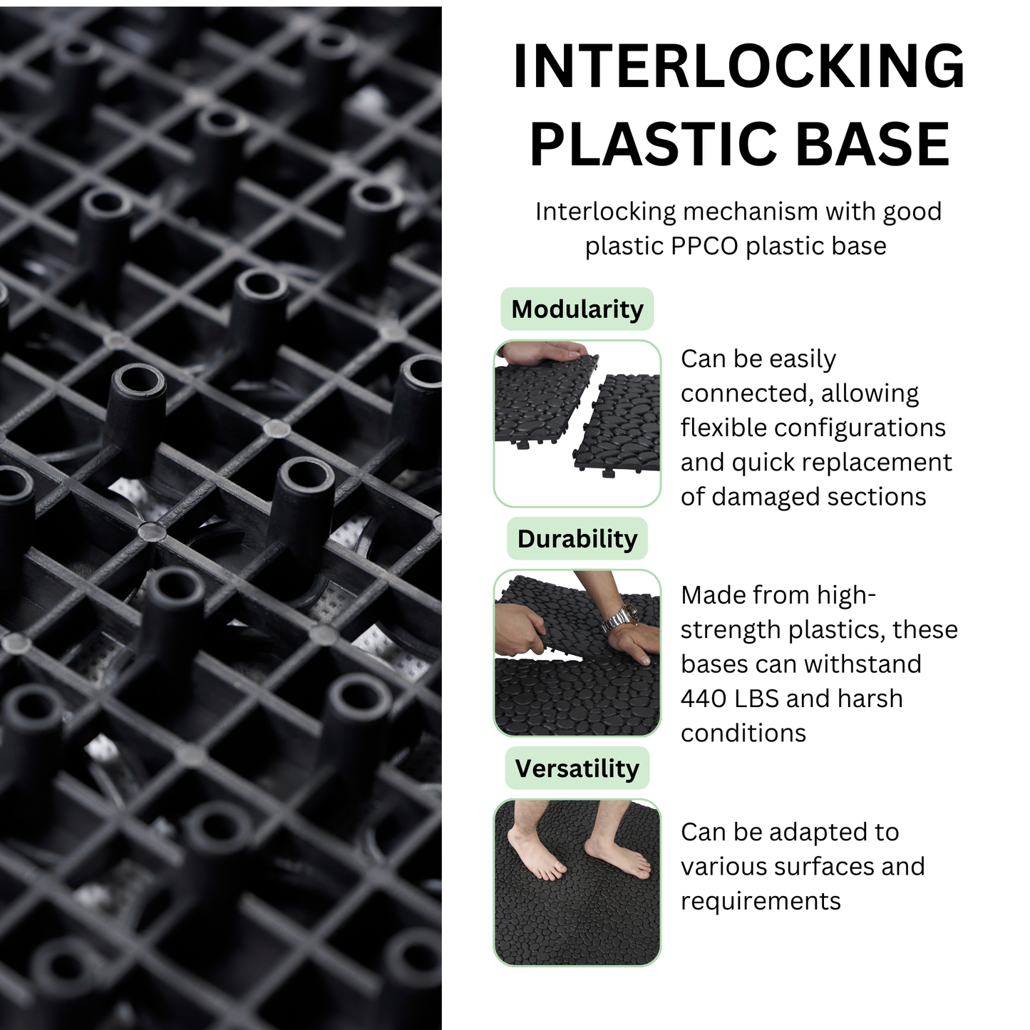 12 x 12 inch black interlocking deck tiles, plastic waterproofing, pebble pattern, pack of 12