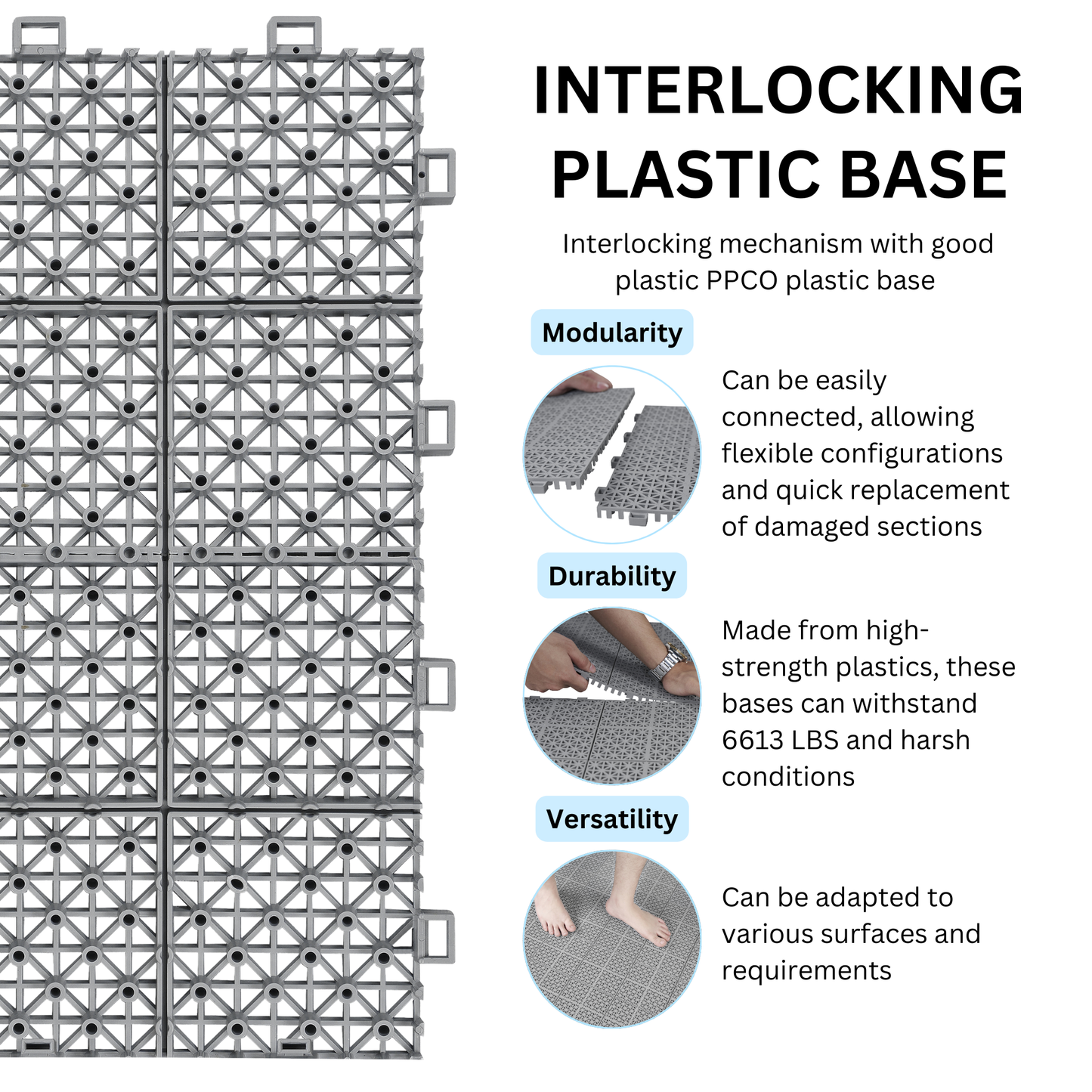 12 x 12 inch gray interlocking deck tiles, plastic waterproof, weighing up to 6613 pounds, with a rose pattern pack of 12