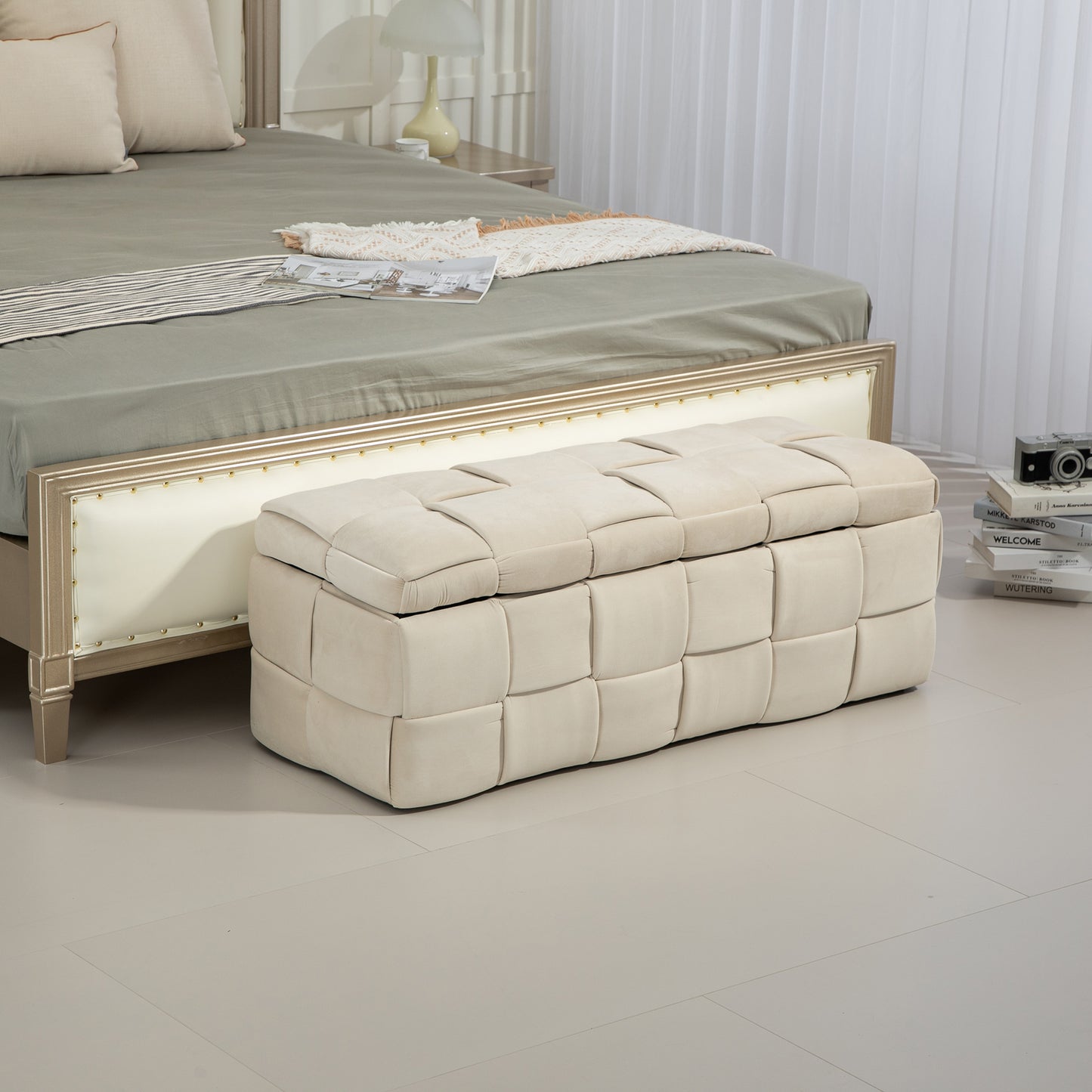 COOLMOR Ottoman-Stuhl mit Stauraum, Schlafzimmer-Beistelltisch, gepolsterter Eingangs-Fußhocker aus Stoff mit Sicherheitsscharnier (Beige)