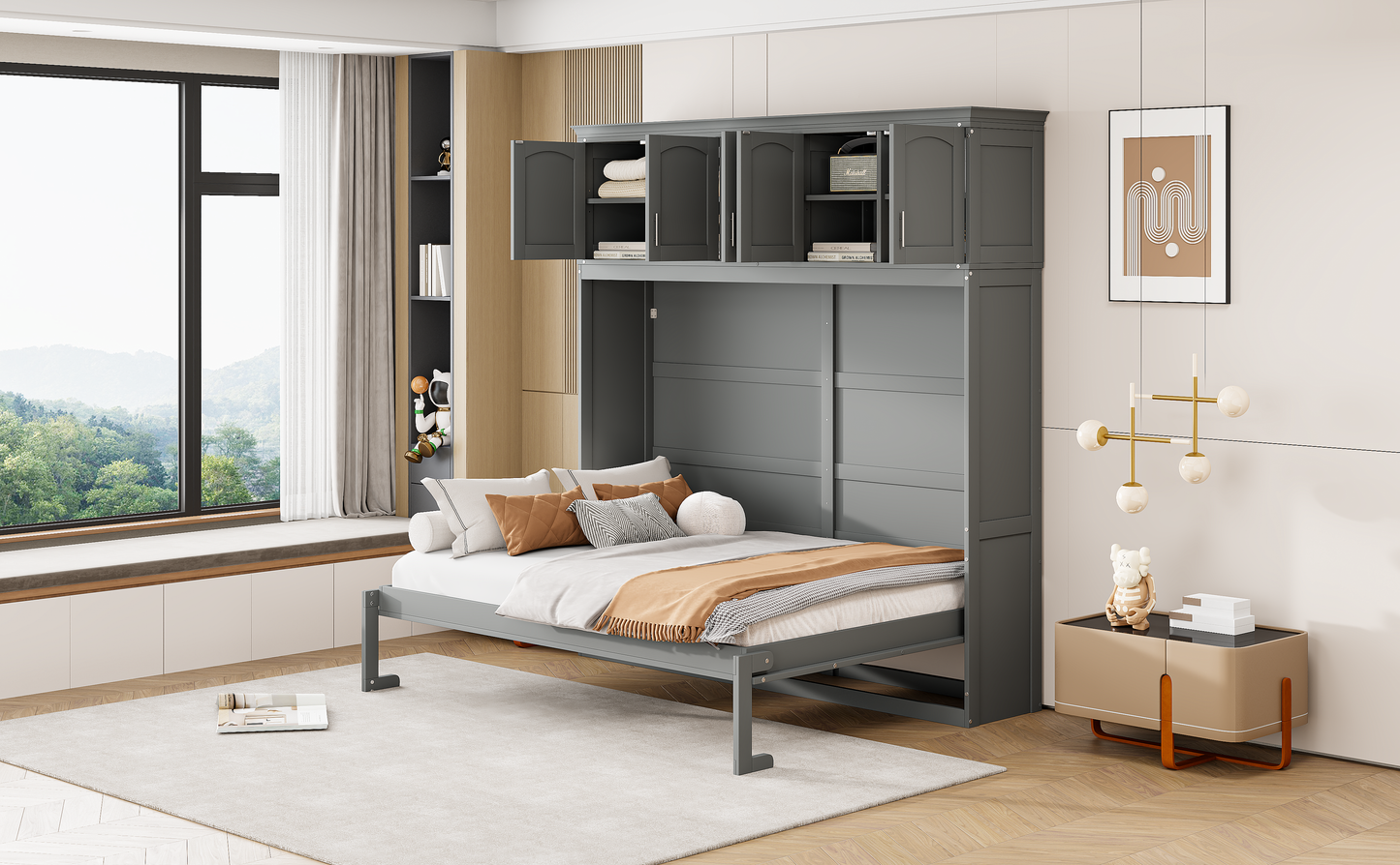 Full Size Murphy Bed Wall Bed with Top Cabinets,Gray