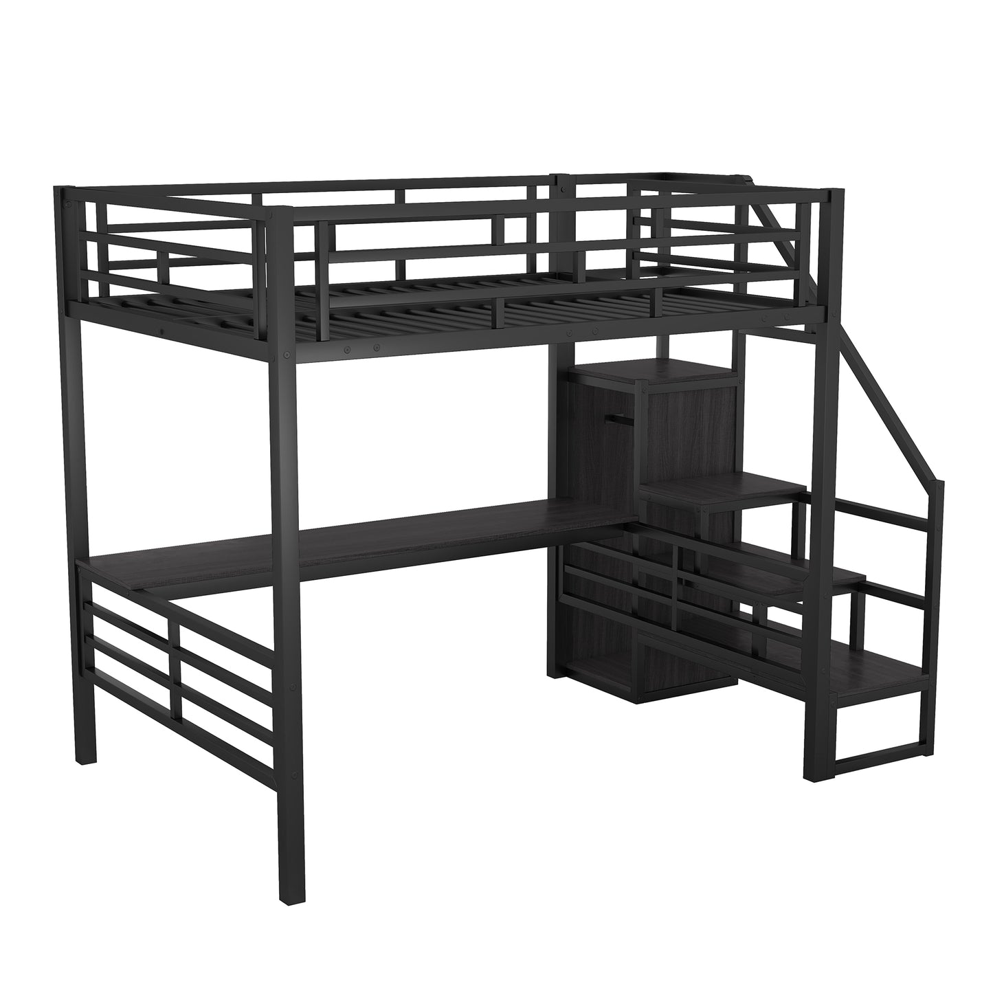 Full Size Metal Loft Bed with Desk, Storage Staircase and Small Wardrobe, Storage stairs can be installed left and right,Black