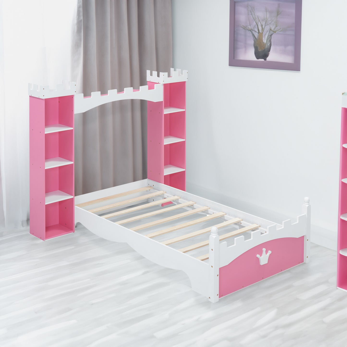 Schlossförmiges Holzbett mit Ablage, verträumtes Doppelbett in Einzelbettgröße für Kinderzimmer, Rosa + Weiß