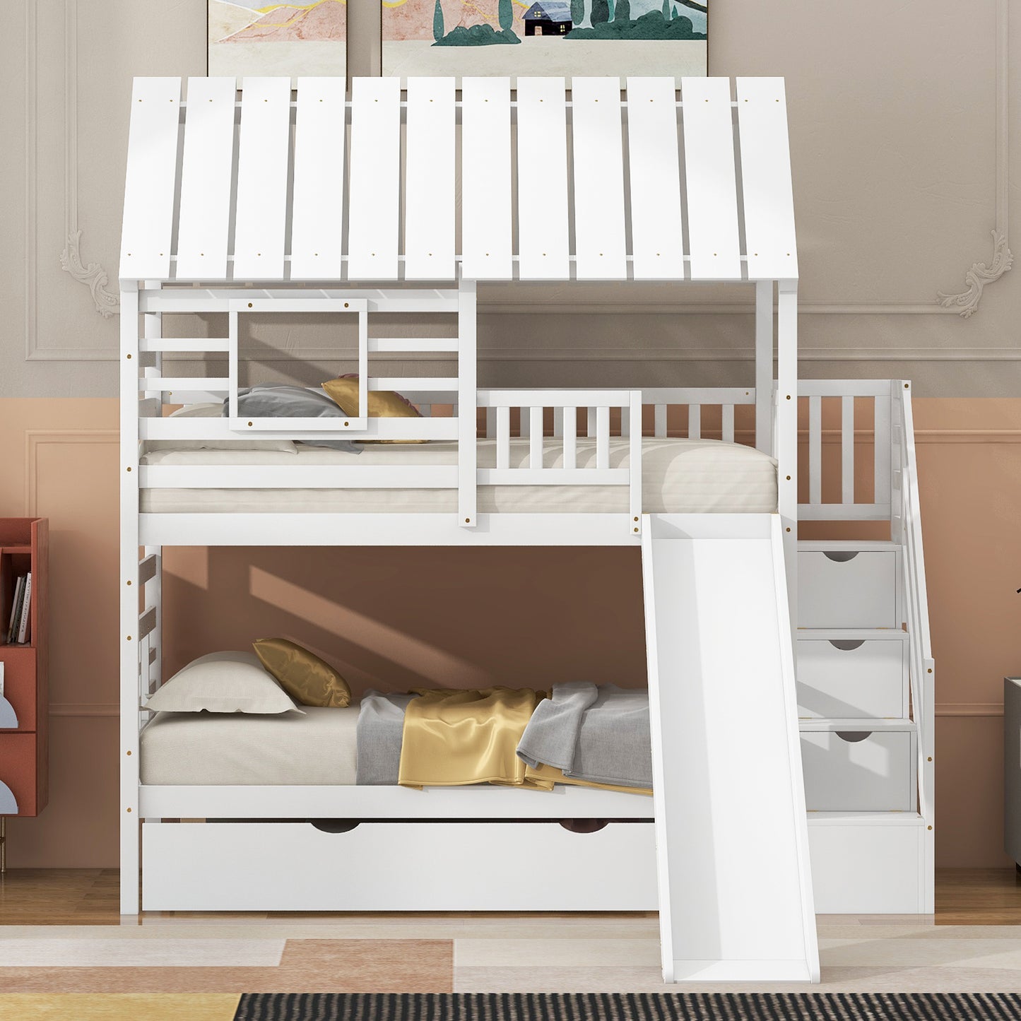 Twin over Twin House Bunk Bed with Trundle and Slide Storage Staircase Roof and Window Design  White