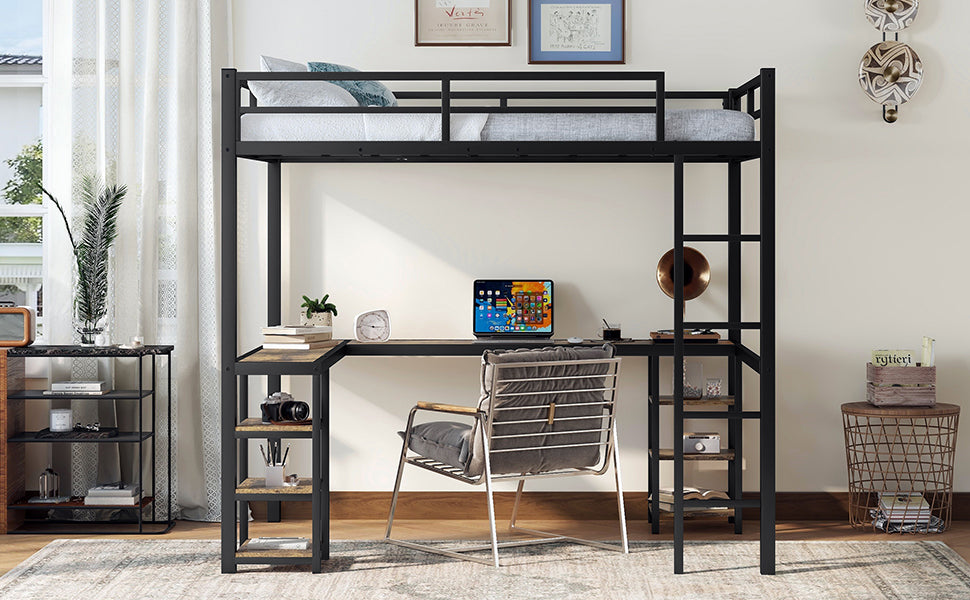 Full metal loft bed with desk and shelf, loft bed with ladder and guardrail, bedroom loft bed frame, black