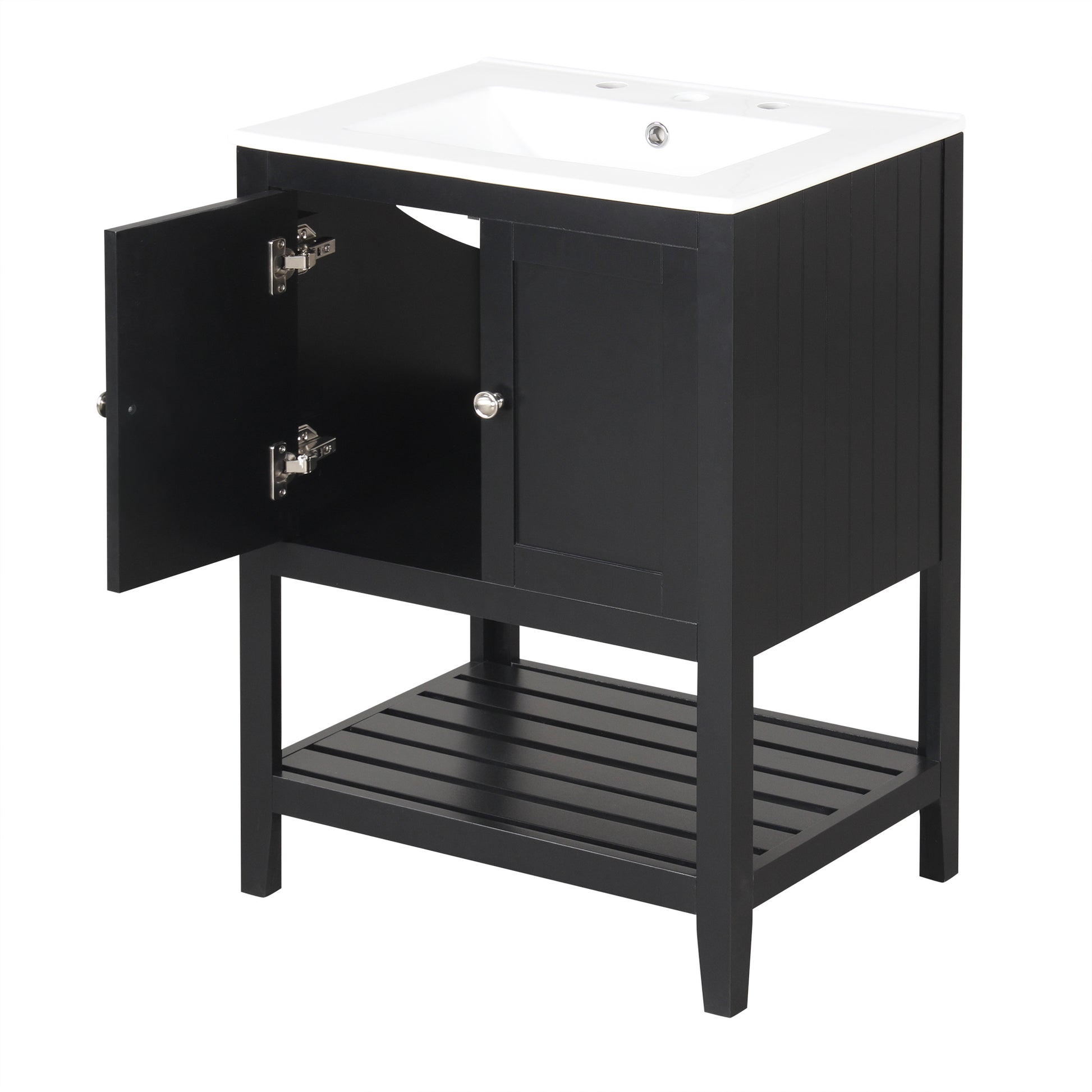 24" Black Modern Sleek Bathroom Vanity Elegant Ceramic Sink with Solid Wood Frame Open Style Shelf - NOVADI