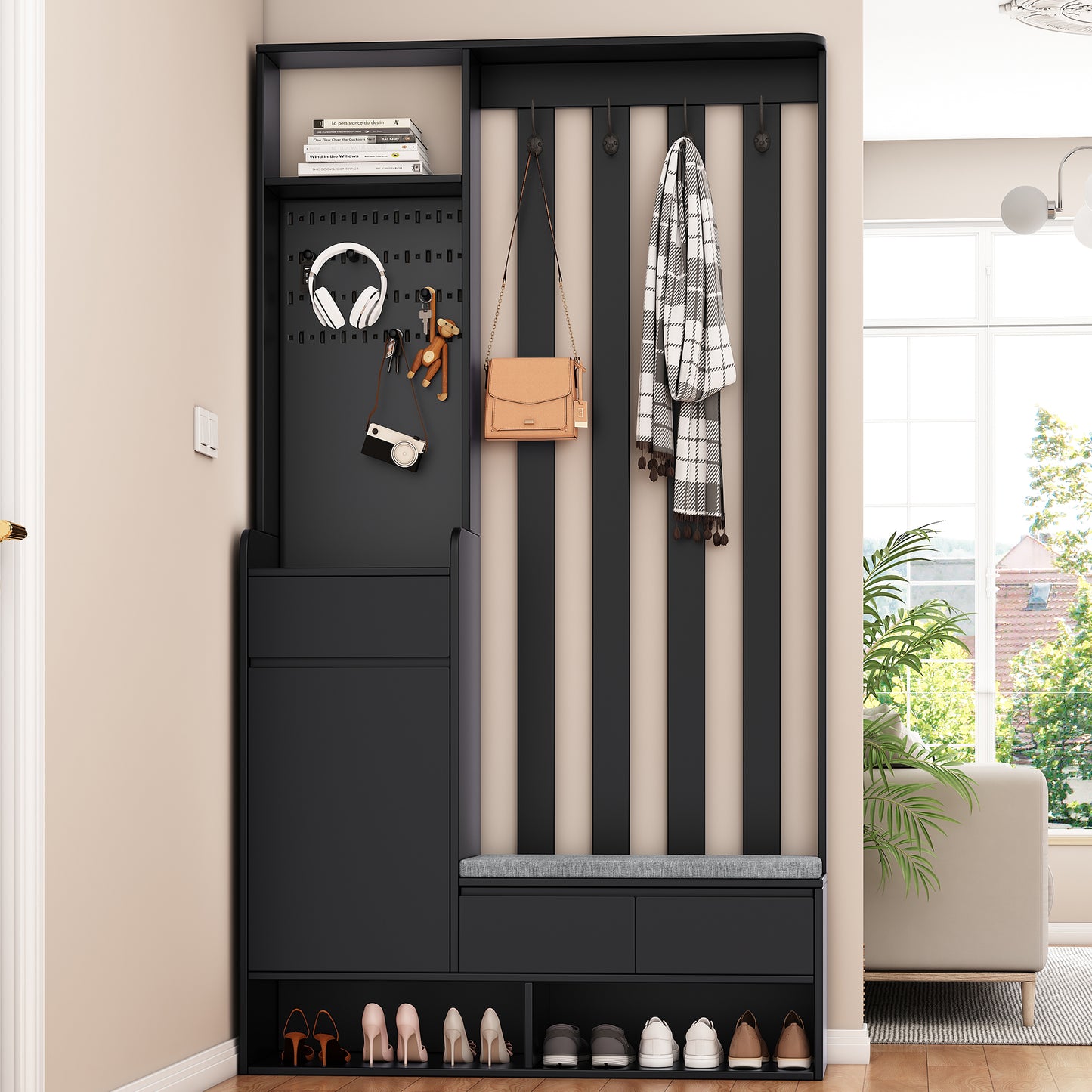 39.3'W70.8'H multifunctional corridor shoe cabinet with soft padded nail board and black hanger with entrance hook