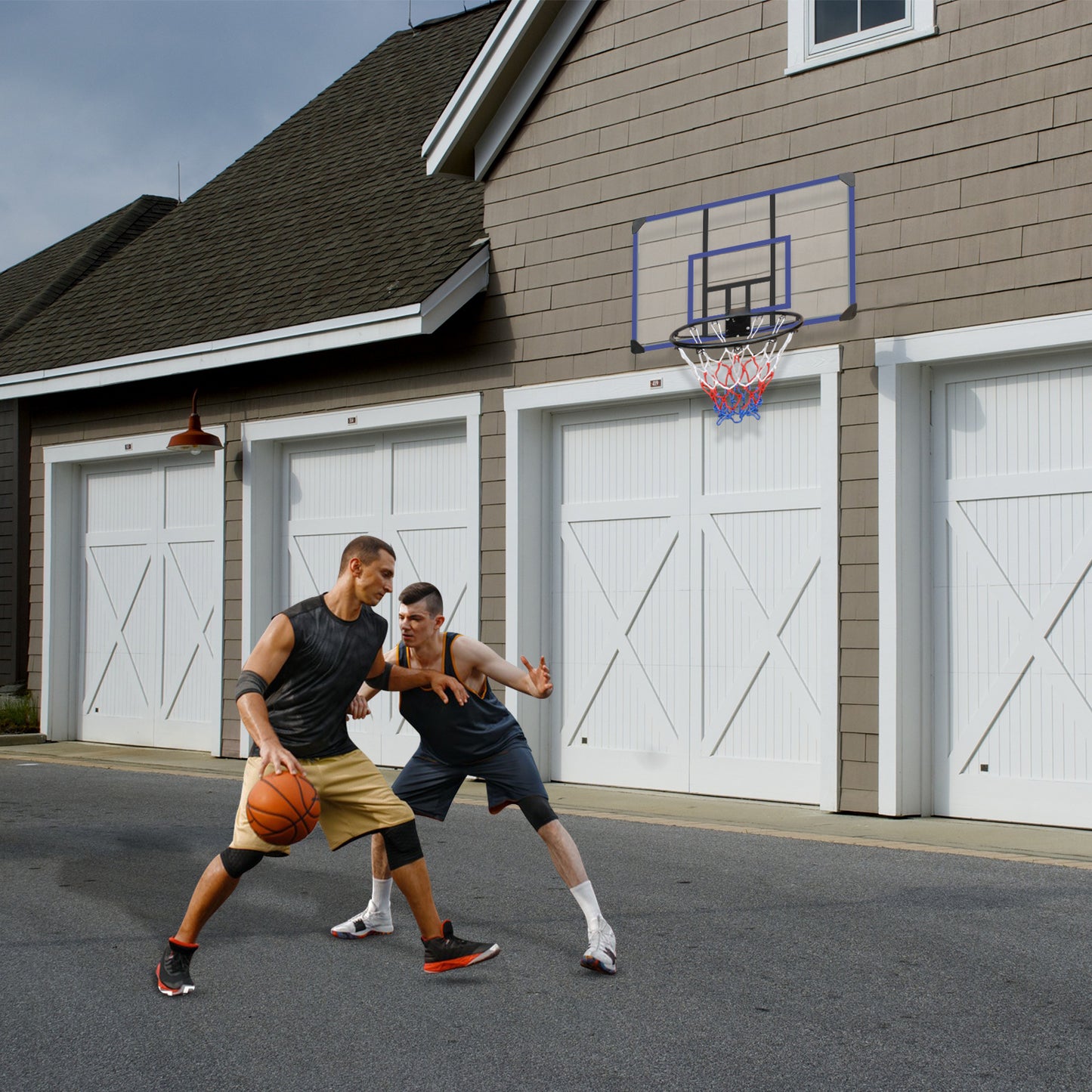 Wall mounted basketball basket, 45 x 29 inch shatterproof back, foldable basketball basket, all-weather mesh fabric