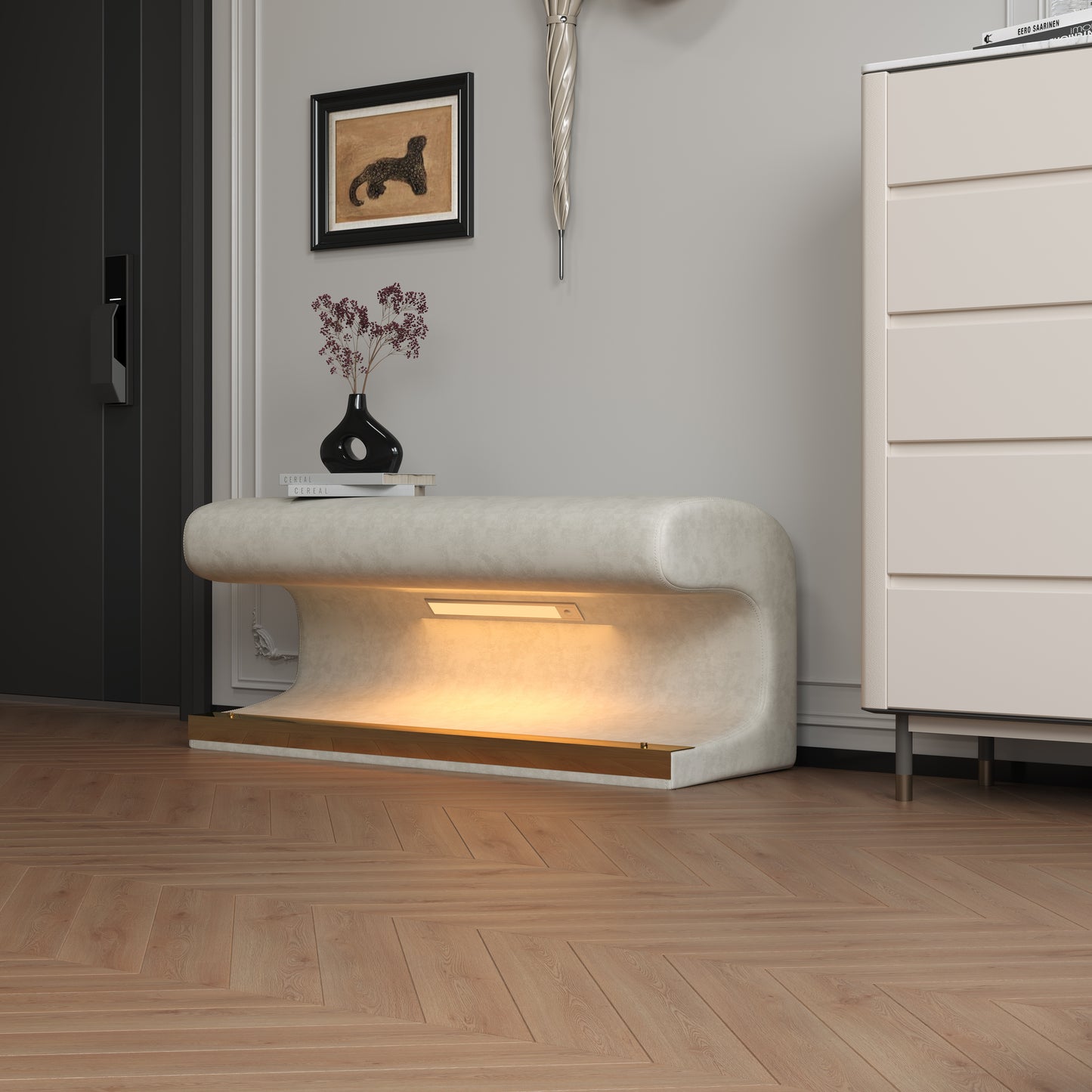 Eingangsbank, Lederpolster-Ottomane mit LED-Sensorlicht für Wohnzimmer, Schlafzimmer, Fußende des Bettes, Beige