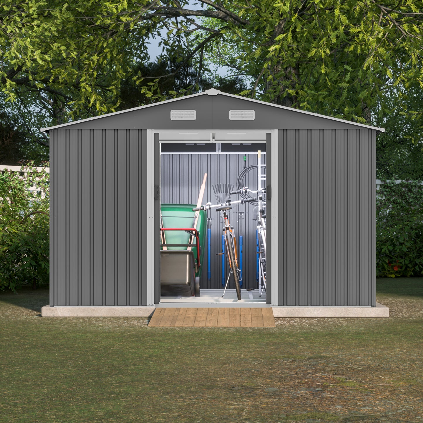 10X8 FT outdoor tool storage shed with metal foundation and lockable door, all-weather metal shed, gray