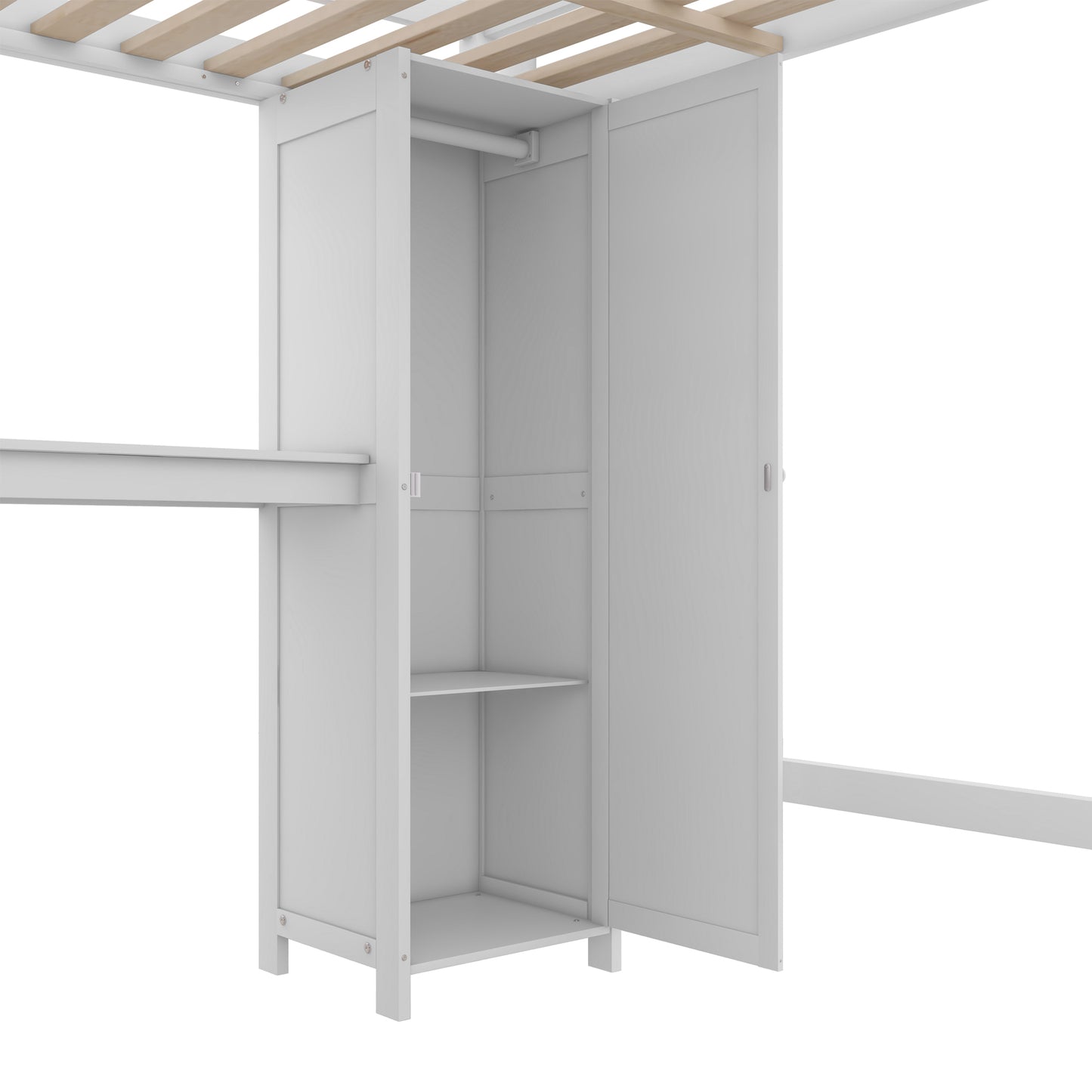 Wood Loft Bed with Cabinet and Bookshelf, Full Size Loft with Wardrobe and Desk for Kids,White