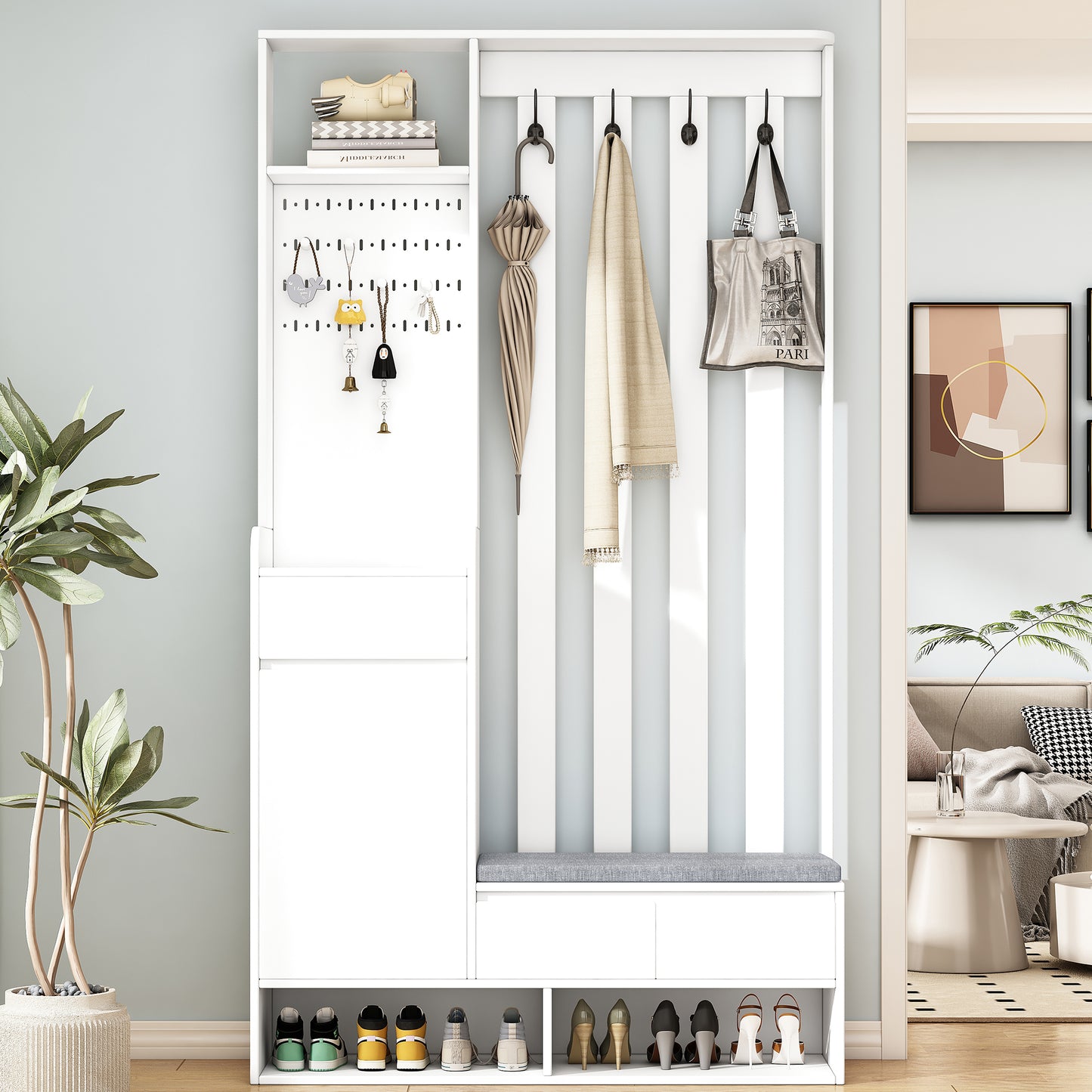 39.3'W70.8'H multifunctional corridor shoe cabinet with soft padded nail board and white clothes hanger with entrance hook