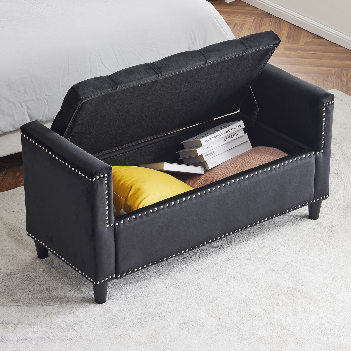 Storage Bench, 44.5-Inch Queen Velvet Button Bedside Bench, Entryway Living Room with Armrests, Nailhead Trim  Black