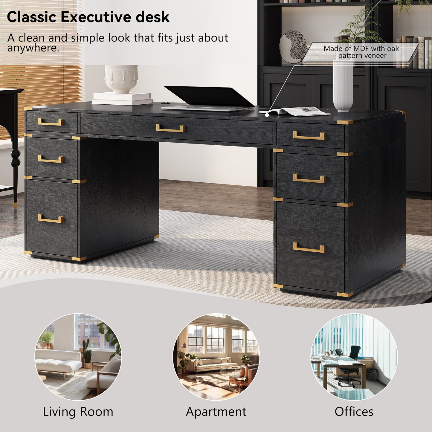 70 inch classic and traditional executive desk with metal trim, writing desk with 2 file drawers, USB ports, and sockets, black