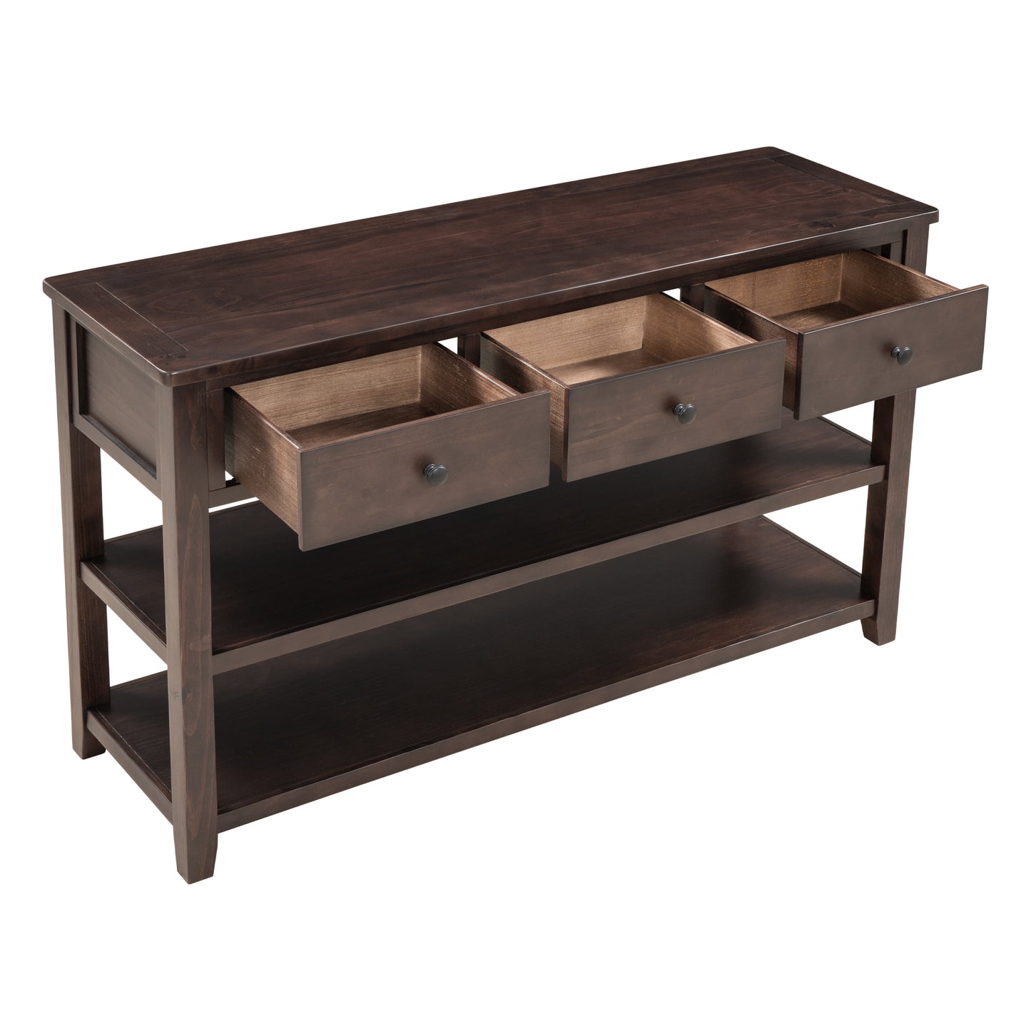 Retro Design Console Table with Two Open Shelves, Pine Solid Wood Frame and Legs for Living Room (Espresso)