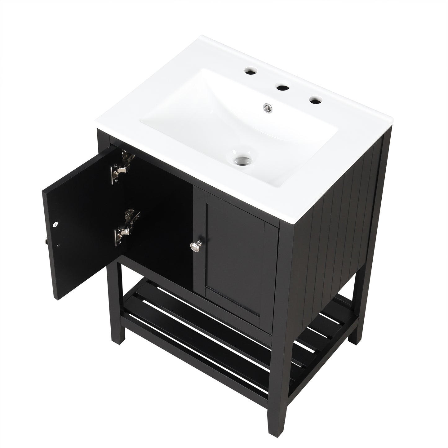 24" Black Modern Sleek Bathroom Vanity Elegant Ceramic Sink with Solid Wood Frame Open Style Shelf - NOVADI