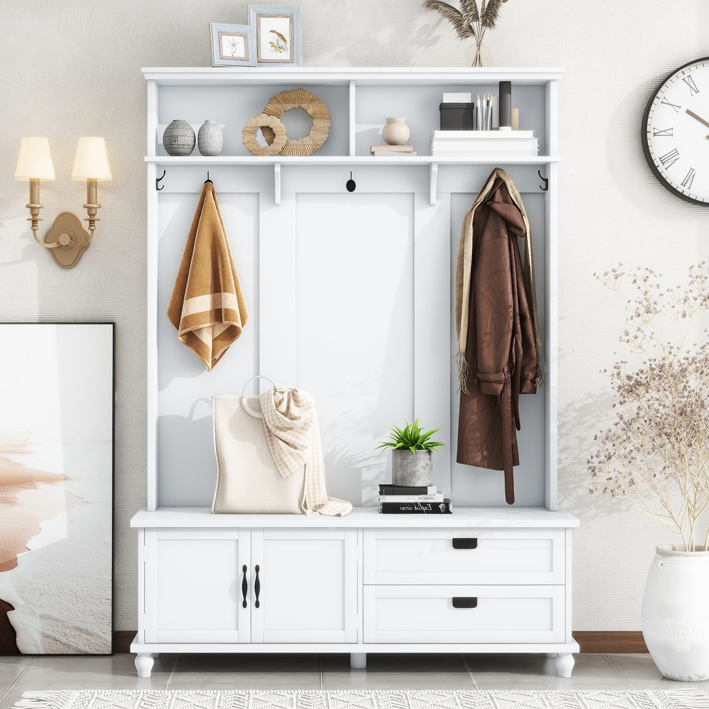 ON-TREND Modern Style Hall Tree with Storage Cabinet and 2 Large Drawers, Widen Mudroom Bench with 5 Coat Hooks, White