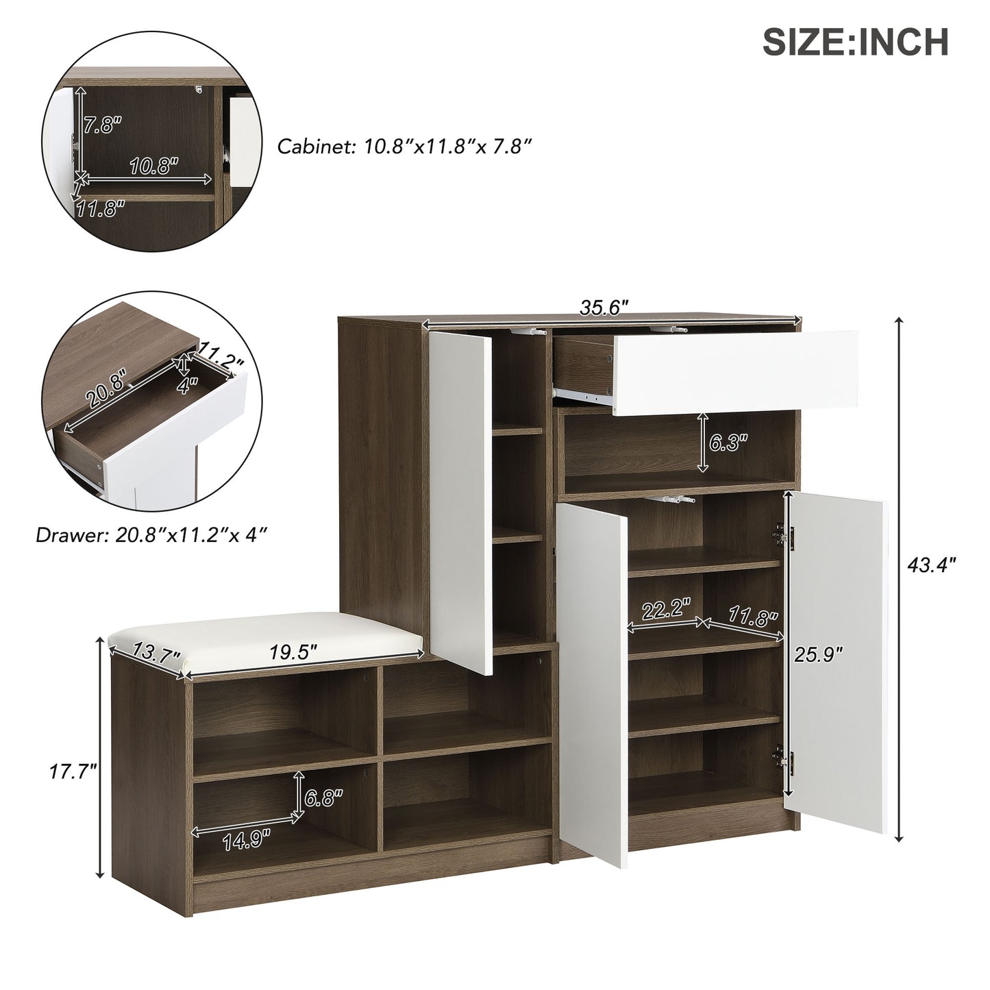 ON-TRANS 2-in-1 shoe storage platform and shoe cabinet, with soft cushioned seats and adjustable shelves, white